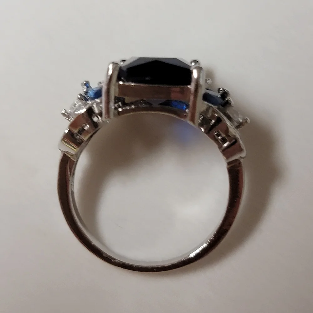 Simulated Sapphire Silver Tone Cocktail Ring Angel Wings and Marquise Stones